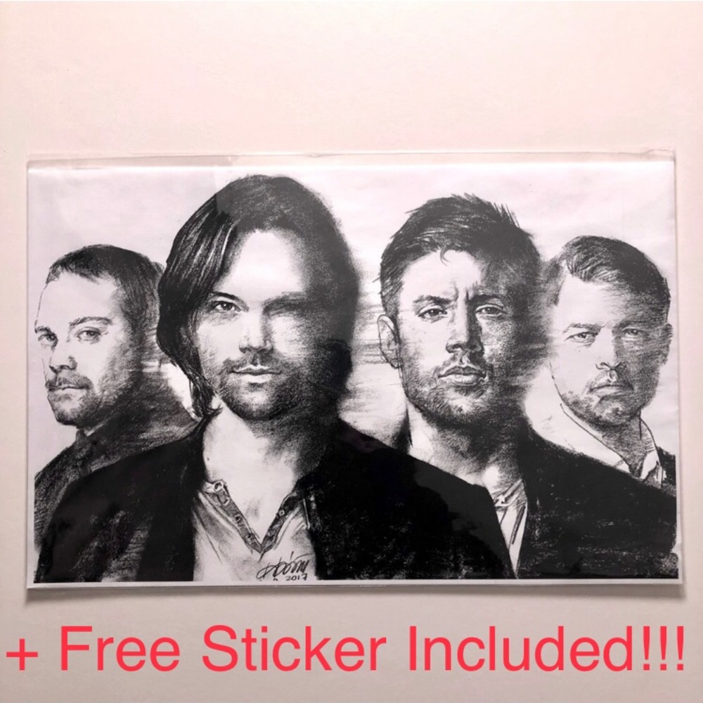 SPN Supernatural Charcoal Drawing Poster Wall Art + Free Sticker